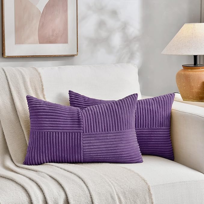 Fancy Homi 2 Packs Purple Long Lumbar Decorative Throw Pillow Covers 16x24 Inch for Living Room Couch Bed, Farmhouse Boho Home Decor, Soft Striped Corduroy Rectangle Accent Cushion Case 40x60 cm