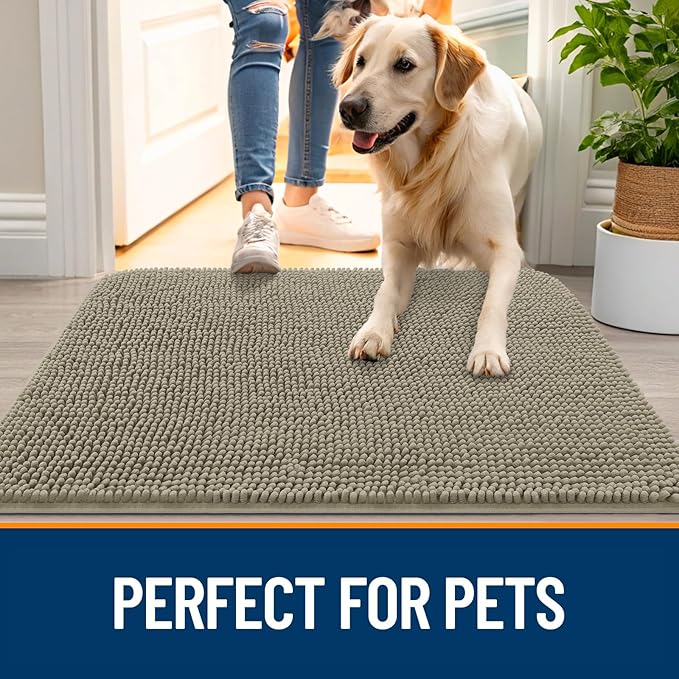 OLANLY Dog Door Mat for Muddy Paws 47x32, Absorbs Moisture and Dirt, Absorbent Non-Slip Washable Doormat, Quick Dry Chenille Mud Mat, Entry Indoor Entryway Carpet for Inside Floor, Warm Taupe
