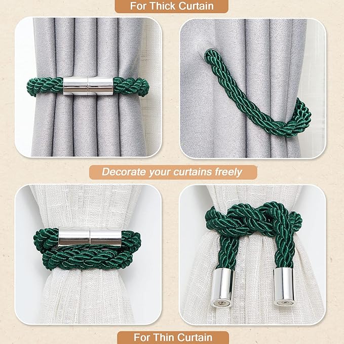 NICEEC 6 Pack Strong Magnetic Curtain Tiebacks Modern Simple Style Drape Tie Backs Convenient Decorative Weave Rope Curtain Holdbacks for Thin or Thick Home & Office Window Draperies (Green)
