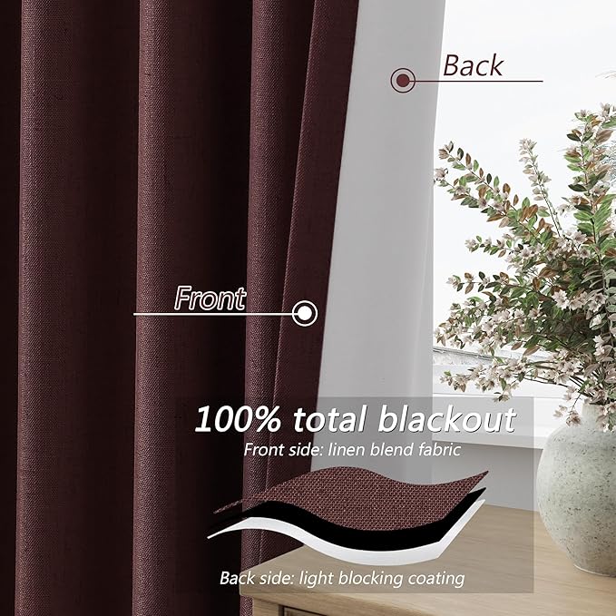 Guken 100% Blackout Curtains 102 Inch Length 2 Panels Set for Living Room Bedroom Back Tab Thermal Insulated Black Out Linen Drapes Room Darkening Reddish Brown,52x102