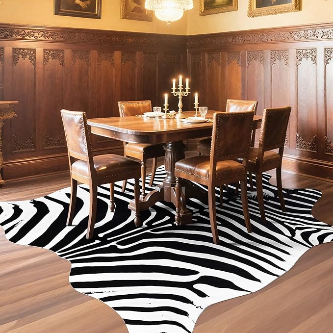 AROGAN Premium Faux Zebra Hide Rug 6.2 x 7 Feet, Sturdy and Large Size Zebra Print Rugs, Suitable for Bedroom Living Room Western Decor, Faux Fur Animal Carpet, Black and White