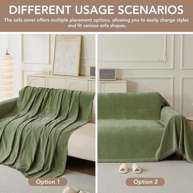 Couch Cover for Dogs, Boho Sofa Covers for 4 Cushion Couch, Chenille Sofa Slipcover for Pets Washable, L-Shape Sectional Couch Cover Soft Throw Blankets with Tassels(91x150,Green)