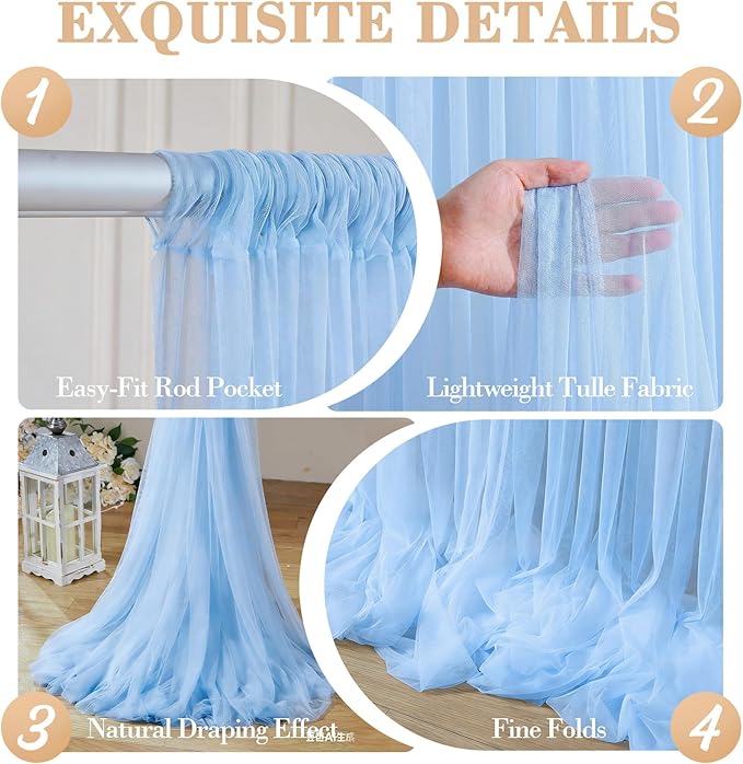 20ft x 12ft Baby Blue Tulle Backdrop Curtain for Baby Shower Party Sheer Fabric Backdrop Curtains for Boy Birthday Gender Reveal Back Drop Wedding Photo Backdrop Drapes Background 4 Panels 5ft x 12ft