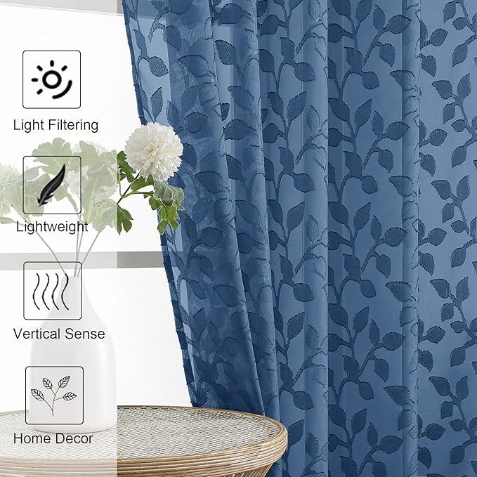 Chyhomenyc Dusty Blue Sheer Curtains 30 Inch Length, Light Filtering Leaf Tufted Textured Small Window Kitchen Curtain Over Sink, Short Half Window Curtains for Bathroom Basement, 30"Wx30"L, 2 Panels