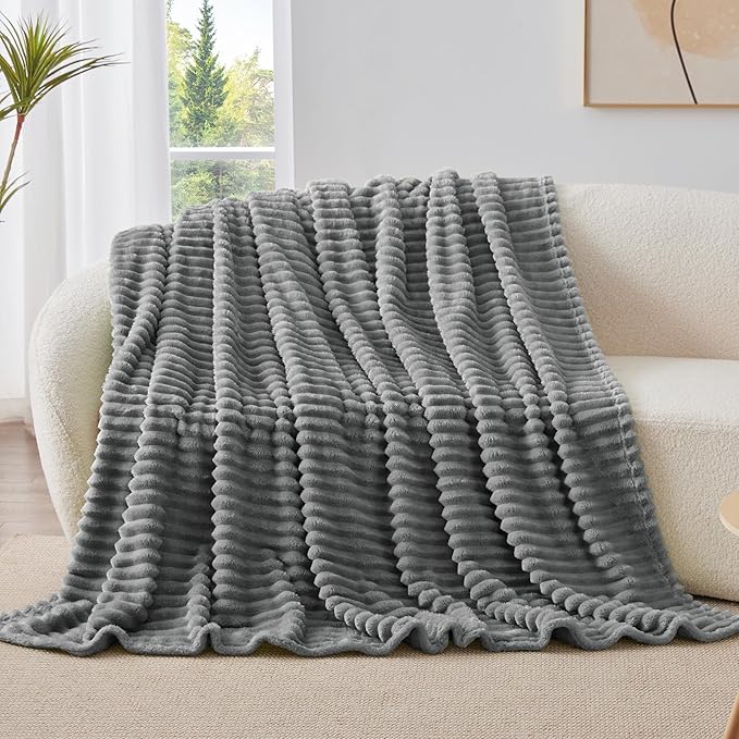 BEDELITE Fleece Throw Blanket for Couch - 300GSM Soft & Warm Fluffy Grey Blanket, Decorative and Giftable Striped Blankets for Women, Men, 50"x60"
