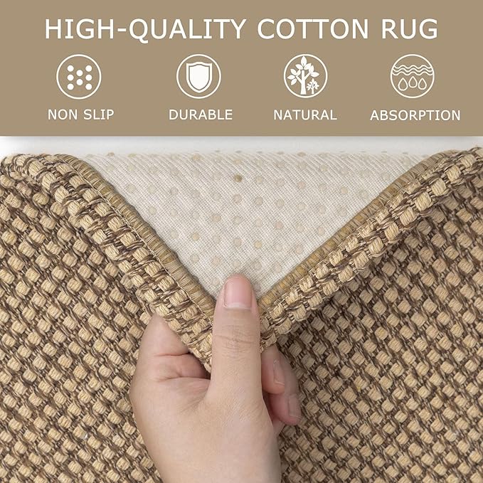 KOZYFLY Washable Area Rug 4x6 ft Non Slip Rubber Backed Living Room Rugs Braided Woven Cotton Kitchen Rugs Indoor Entryway Rug Floor Carpet for Dining Living Room Bedroom, Tan/Orange/Brown