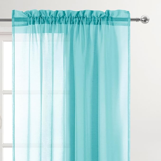 DWCN Aqua Sheer Curtains Semi Transparent Voile Rod Pocket Curtains for Bedroom and Living Room, 52 x 54 inches Long, Set of 2 Panels