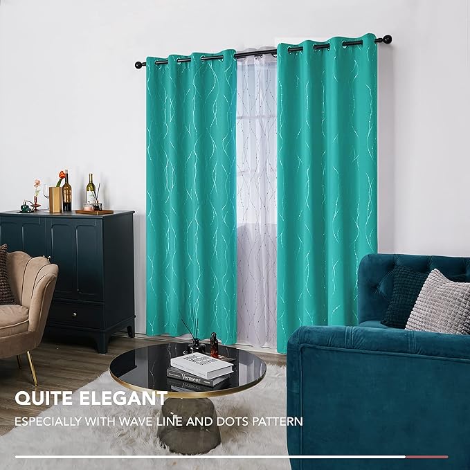 Deconovo Blackout Curtains for Sliding Door, Thermal Insulated Soundproof Drapes with Wave Dots Foil Print, 52 x 108 Inch, Set of 2, Machine Washable Window Curtain for Bedroom Living Room, Turquoise