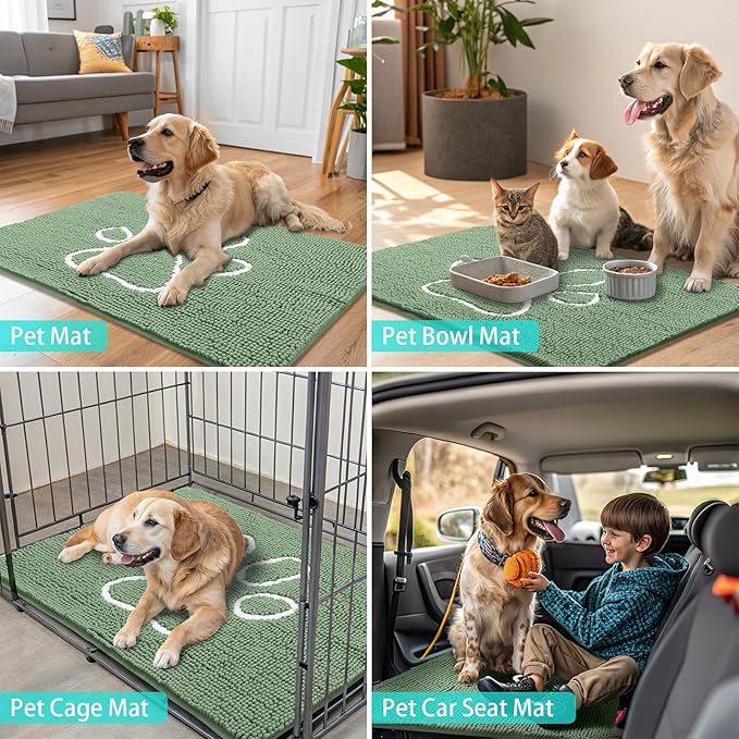 Smiry Dog Door Mat for Muddy Paws, Absorbent Dirt Trapper Non Slip Quick Dry Washable Chenille Mat for Mud Dogs, Entry Rug for Indoor and Outdoor (48x30 Inches, Olive Green and White)