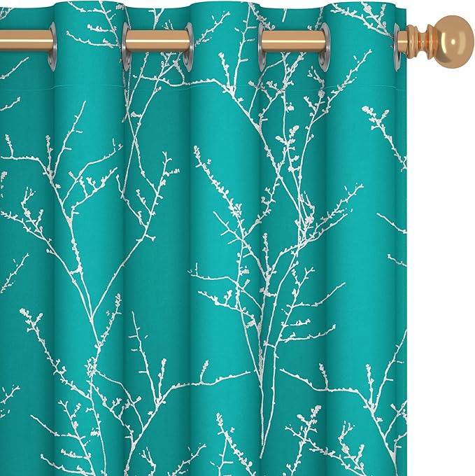 Deconovo Blackout Grommet Silver Pattern Printed Curtains, Turquoise/Silver Tree Branch, 52W x 95L