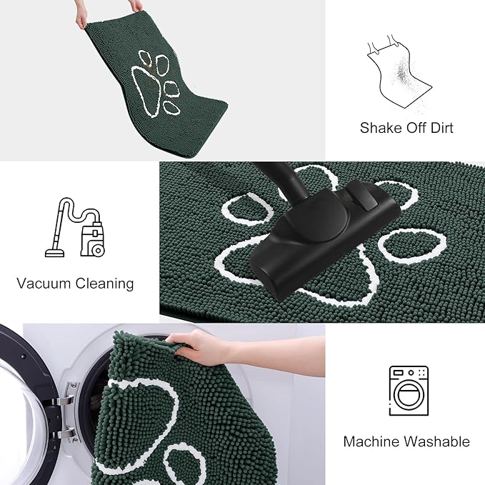 Smiry Dog Door Mat for Muddy Paws, Absorbent Dirt Trapper Non Slip Quick Dry Washable Chenille Mat for Mud Dogs, Entry Rug for Indoor and Outdoor (48x30 Inches, Green and White)