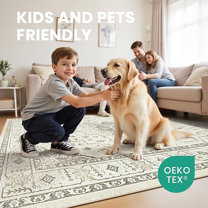 zesthome Washable Rug 6x9 Area Rugs,Stain Resistant Rugs for Living Room,Bedroom,Non-Slip Backing Home Decor Rug, Vintage Medallion Pattern Rugs (Beige,6'x9')