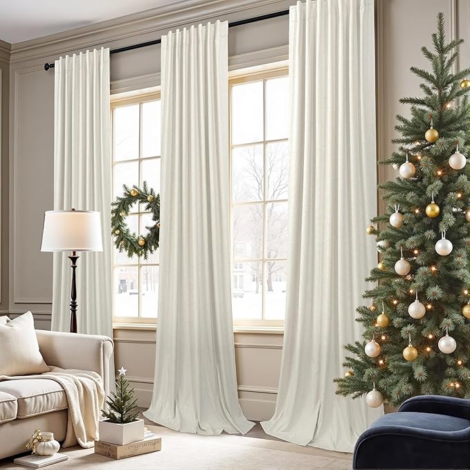 Room Darkening Curtains 63 Inches Long Small Bay Window Dining Room Curtains Boho Soft Cotton Linen Textured Insulated Back Tab Pocket Pleated Blackout Drapes Cream Ivory 52 x 63 Inch Length 2 Panels