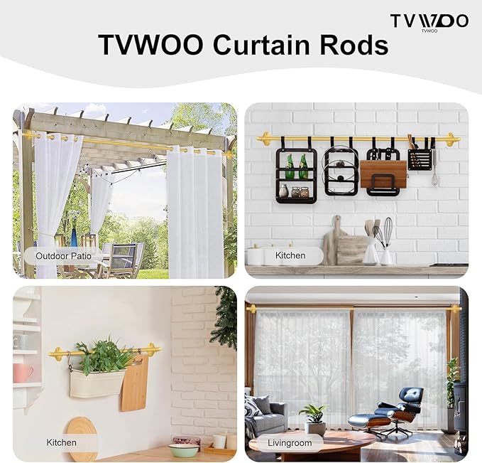 TVWOO Gold Wrap Around Curtain Rods:5/8" Small Blackout Adjustable Window Curtain Rod for Bedroom Kitchen Apartment Renter Friendly,Room Darkening Curved Drapery Rods Easy Install,Brass Golden 48-90"