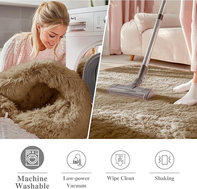 OLANLY Taupe Round Rugs for Bedroom - Machine Washable, 6 ft Circle Area Rugs for Living Room, Soft and Fluffy Shaggy Carpet for Teen Girl and Boys, Nursery Rooms, Dorms, Home Decor Aesthetic