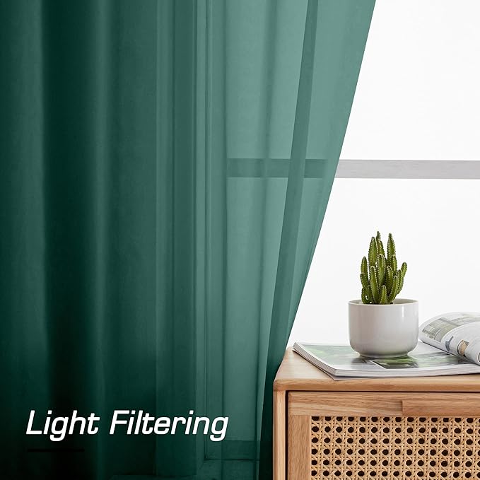 Aiyufeng Hunter Green Sheer Curtain Drapes 45 Inch Length 2 Panels for Living Room, Light Filtering Voile Green Drapes for Bedroom, Patio, Sliding Door, Each 42" W x 45" L