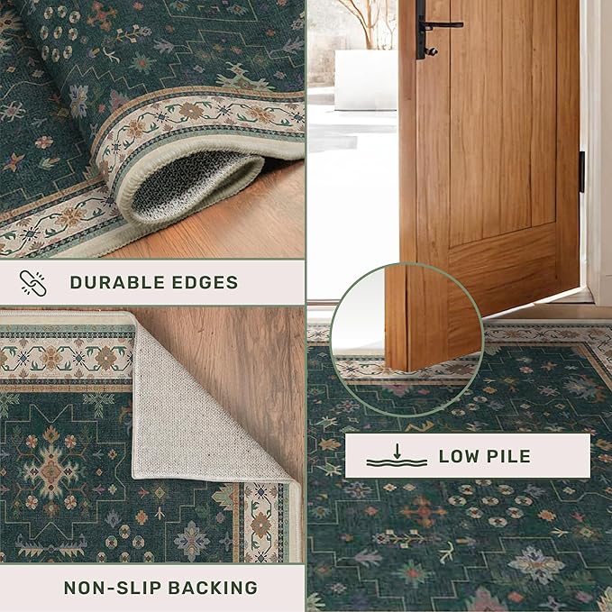 Hazo Haus Dark Green Oushak 5x8 Living Room Rug - Modern Vintage Boho Eclectic Floral Pastel, Washable Low Pile Non-Slip Large Area Rugs for Nursery Dining Under Table Bedroom Lounge