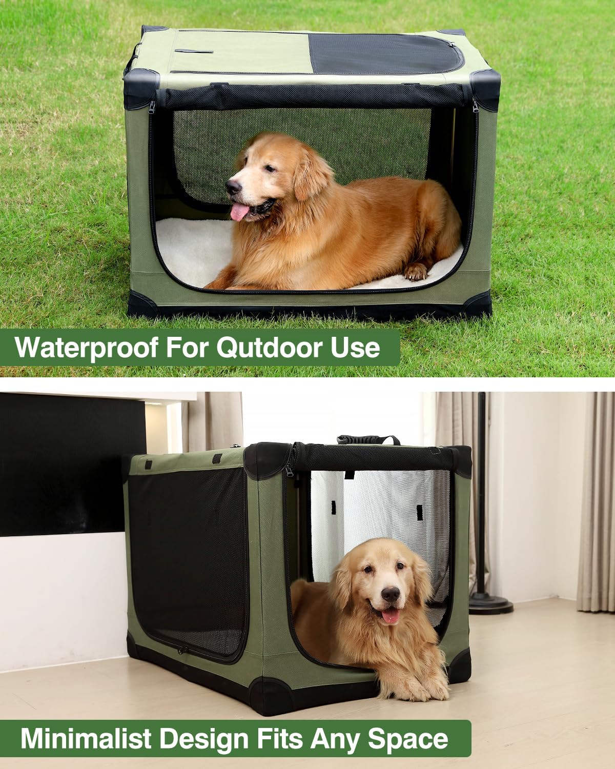 24 Inch Collapsible Travel Dog Crate for Medium Large Dogs, Portable Dog Crate 4-Door Foldable Soft Kennel with Durable Mesh Windows for Indoor & Outdoor Travel, with Storage Bag,Green