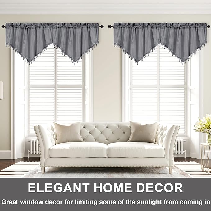 Molaxhome Swag Curtain 51 inch Length Rod Pocket Scalloped Curtain Valance Sheer Lace Panels with Hanging Crystal Beads for Kitchen Bedroom Window Treatments Drape Decor 1pc (Cloth Grey, 51Wx23L)