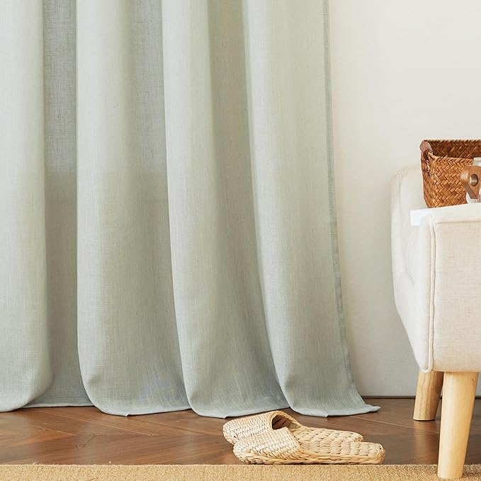 RYB HOME Linen Curtains 63 inch Length - Premium Flax Linen Material Soft Semi Sheer Half Privacy Protected for Livingroom, Bedroom, Farmhouse, W 52 x L 63 inch, 2 Panels, Sage Green