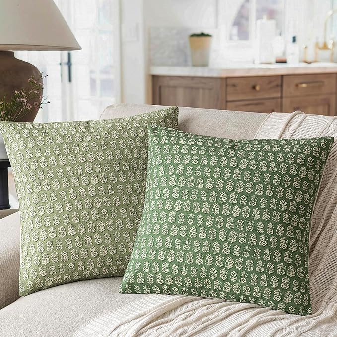 Foindtower Set of 2 Decorative Vintage Floral Print Throw Pillow Covers Neutral Modern Farmhouse Cushion Covers Boho Home Decor For Sofa Couch Chair Bedroom Living Room Outdoor,20×20 Inch,Forest Green