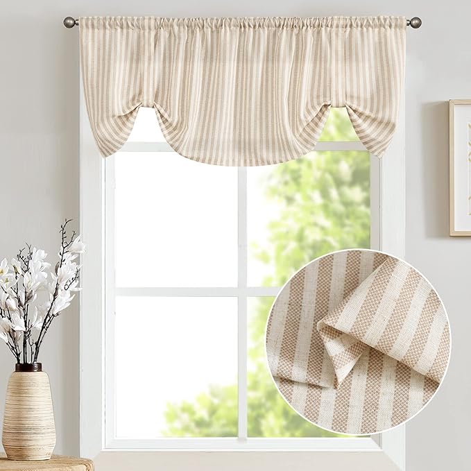 jinchan Tie Up Linen Textured Striped Bow Tie Curtain for Kitchen Bathroom Rod Pocket Pinstripe Valance Window Treatments Ticking Stripe Pull Cord Valance 1 Panel 18 Inch Tan on Linen