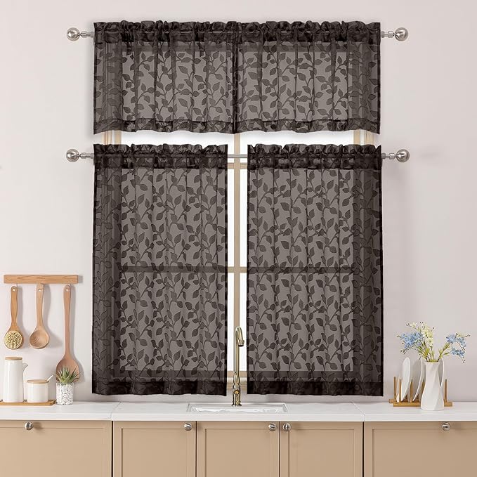 Chyhomenyc Chocolate Sheer Valances for Windows 14 Inch Length 2 Pcs, Light Filtering Leaf Textured Cafe Short Kitchen Curtains, Top Small Curtain for Living Room Bedroom Basement, 42" W x 14" L