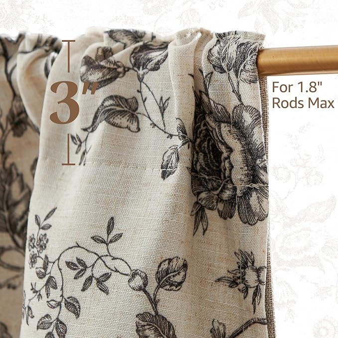 jinchan Amlie Floral Linen Valance Curtain Farmhouse Kitchen Valance for Living Room Laundry Light Filtering Double Layer Cottagecore Window Treatment Rod Pocket 1 Panel 16 Inch Charcoal on Linen