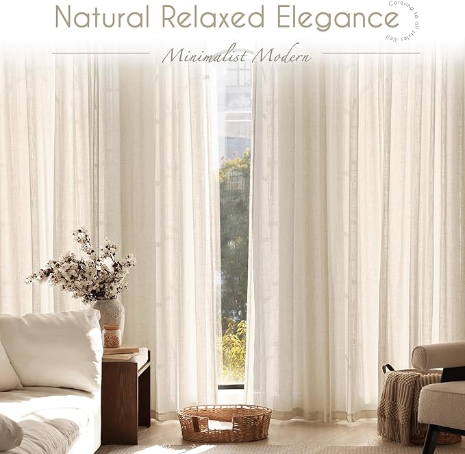 Apricot Linen Curtain 120 inch Length 2 Panels Set Back Tab Light Filtering Living Room Curtain Drapes Home Office Modern Minimalist Decor Farmhouse Boho Neutral Cream Semi Sheer Curtain 120 inch Long