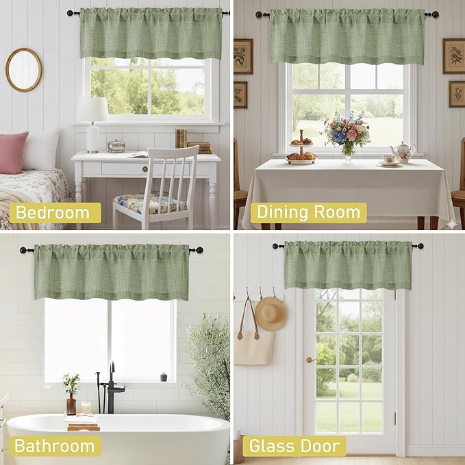 Sage Green Valances for Windows, Light Filtering Faux Linen Textured Small Short Valance Curtains for Bathroom Basement Farmhouse, Rod Pocket Half Curtains for Windows, 60Wx12L Inch