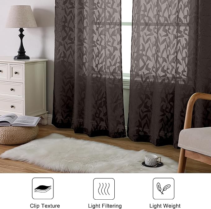Lecloud Leia Chocolate Brown Sheer Curtains 84 Inches Long 2 Panels, Jacquard Leaves Texture Double Rod Pockets Semi Sheer Window Curtains, Airy Gauzy Drapes for Bedroom, 38 x 84 Inch