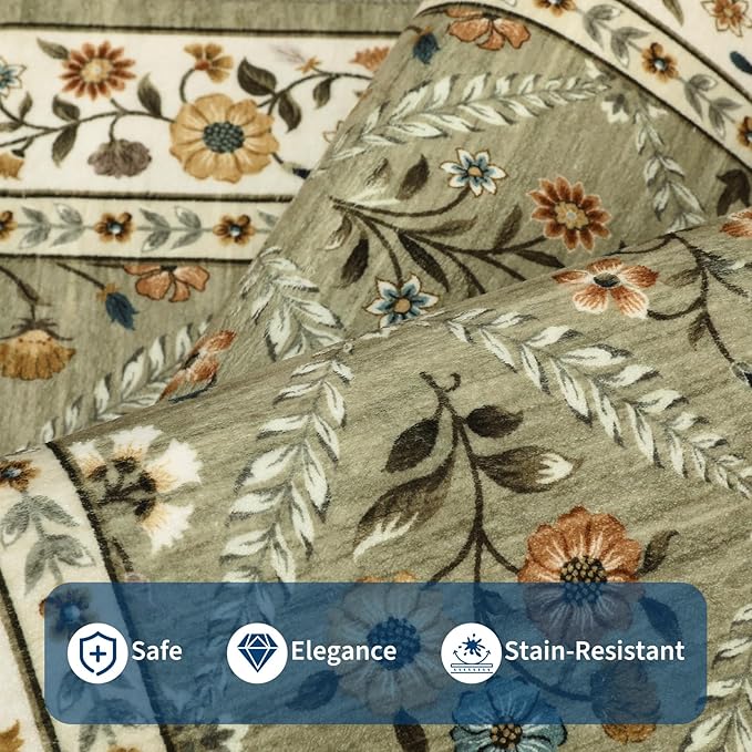 Washable Kitchen Rugs Non Slip 2x6 Hallway Runner Rug Stain Resistant Low Pile Floral Floor Rug with Rubber Backing Non Shedding Runners for Indoor Entryway Bedside Bedroom Farmhouse RV Green