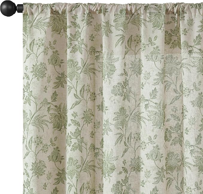 jinchan Linen Floral Curtains for Living Room with Printed Flower 84 Inches Long Light Filtering French Country Back Tab Rod Pocket Sage Green Window Curtain Set Farmhouse Drapes 2 Panels