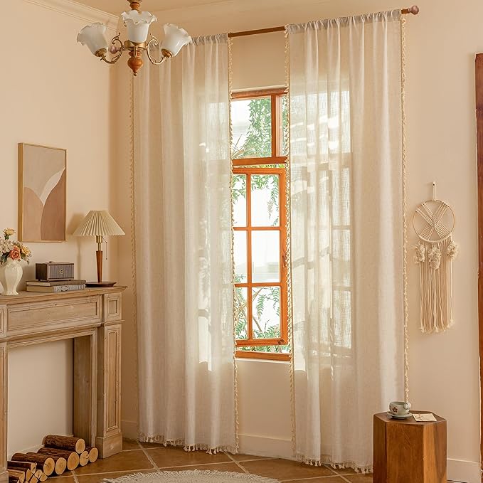 MYSKY HOME Linen Sheer Curtains 63 Inch Length for Small Windows,Light Filtering Privacy Protect Drapes Set with Macrame, Back Tab Boho Style Farmhouse Home Decor, 50" x 63", 2 Panels