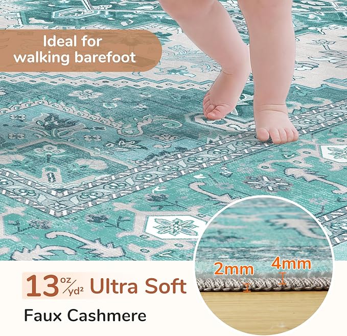 OPPODREAM Soft Area Rugs 3x5, Washable Rugs with Non Slip Backing, Low-Pile Throw 3x5 Carpet, Faux Cashmere 3 x 5 Carpet, Teal & Turquoise & Cream