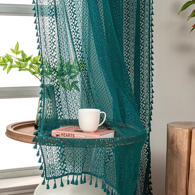 WAZZIO Boho Lace Curtains 96 Inches 2 Panel,Light Filtering Privacy Tassel & Geometry Crochet Semi Sheer Curtain Drapes for Bedroom Living Dining Room,Rod Pocket & Tassel,Coastal Style,Teal