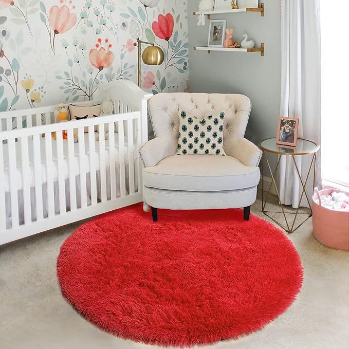 Red Round Rug 4Ft for Bedroom, Fluffy Shag Circle Area Rugs for Kids Room Decor Aesthetic, Fuzzy Plush Fur Carpets for Living Room Nursery Dorm Classroom, Red Carpet, Christmas Rugs for Teen Boys