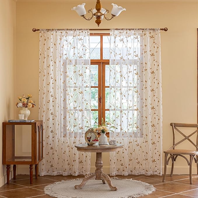 AmHoo 2 Panels Embroidered Leaf Pattern Semi Sheer Curtains Foliage Floral Voile Window Draperies Treatment for Bedroom Living Room Rod Pocket White Taupe 53 x 63 Inch