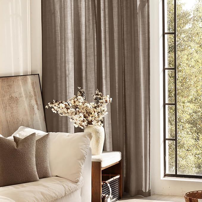 Chocolate Brown Linen Curtain 63 inch Length 2 Panels Set Back Tab Light Filtering Living Room Curtain Drapes Home Office Modern Minimalist Decor Farmhouse Boho Neutral Semi Sheer Curtain 63 inch Long