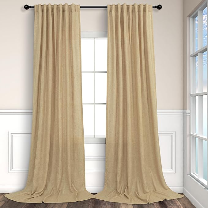 Tan Brown Linen Curtains 108 Inches Long for Living Room 2 Panel Back Tab Pocket Cloth Canvas Semi Privacy Sand Colored Curtain for Bedroom Patio Door French Country Victorian Western Boho Decor Taupe