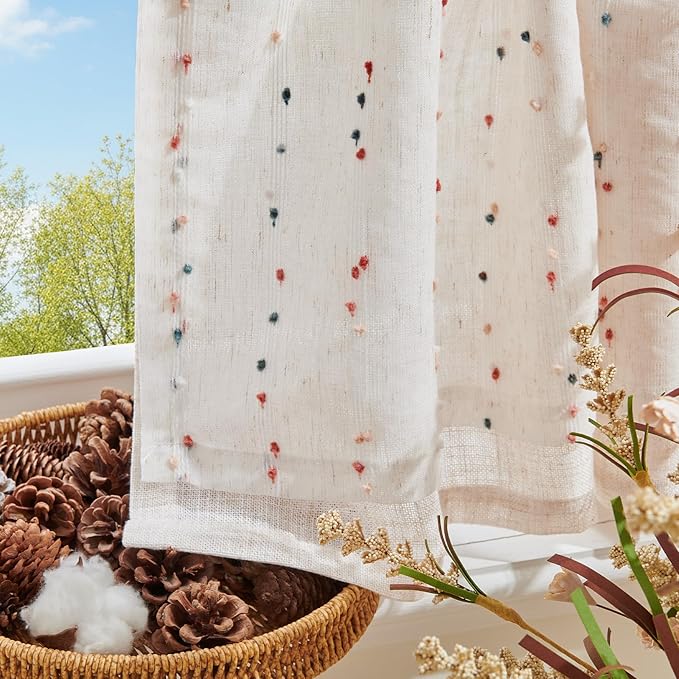 jinchan Kitchen Valance Curtain for Windows 16 Inch Mini Pom-Pom Double Layer Valance Linen Blend Country Window Treatment for Bedroom Living Room Light Filtering Rod Pocket 1 Panel Blush Meadow