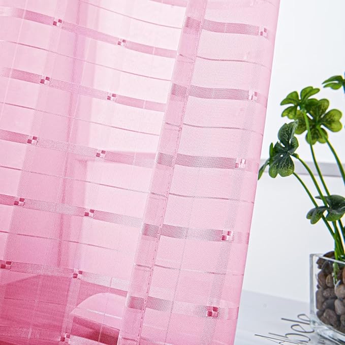 SpaceDresser Check Sheer Curtains 108 Inches 2 Panels Set, Rod Pocket Plaid Window Curtain for Living Room, Pink Semi Sheer Drapes for Kitchen Bedroom Children Room Yard（Pink, 52W x 108L）