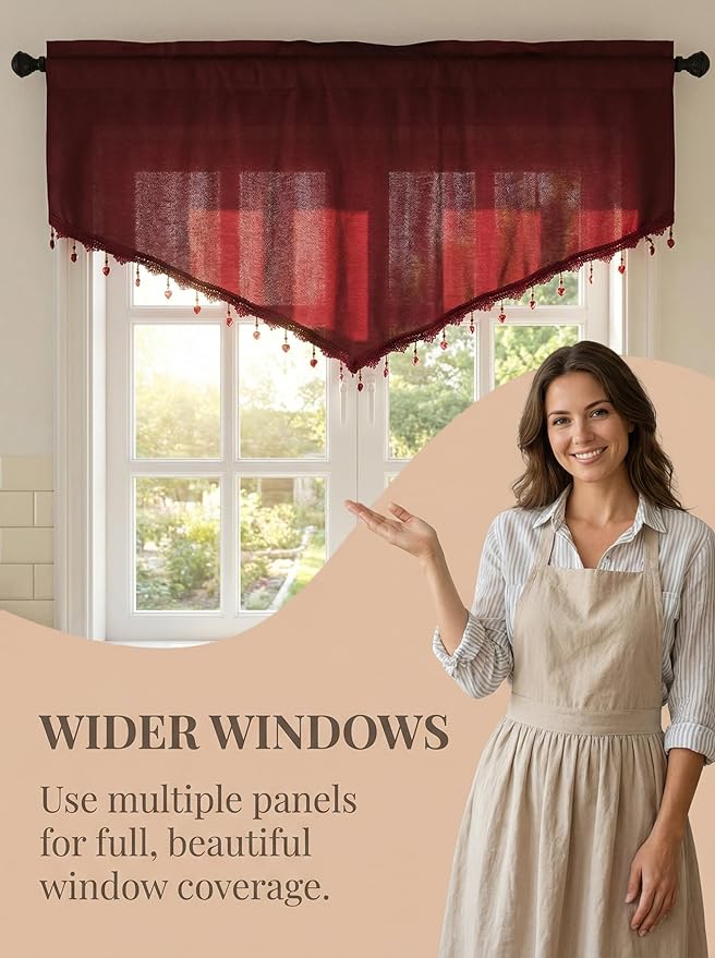 Molaxhome Swag Curtain 51 inch Length Rod Pocket Scalloped Curtain Valance Sheer Lace Panels with Hanging Crystal Beads for Kitchen Bedroom Window Treatments Drape Decor 1pc (Cloth Red, 51Wx23L)