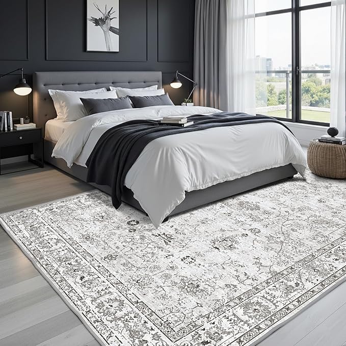 Washable Area Rug 8x10 Gray, Large Soft Rugs for Living Room Floral Grey White Carpet 8x10 Area Rugs for Bedroom Dining Room Non-Slip Stain Resistant Under Table Rug (8 x 10, Grey White)