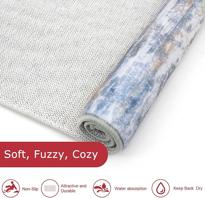KOZYFLY Modern Abstract Runners for Hallways 2x6 Blue Rust Machine Washable Runner Rug for Entryway Non-Slip Kitchen Rug, Faux Wool Soft Low Pile Office Carpet for Dining Room, Bedroom, Bathroom