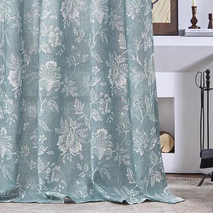 jinchan Linen Floral Curtains for Living Room, 84 Inch Length Curtains with Printed Flower Light Filtering Curtain, Rod Pocket Back Tab Blue Window Treatment Set Bedroom Curtain, 2 Panels Blue