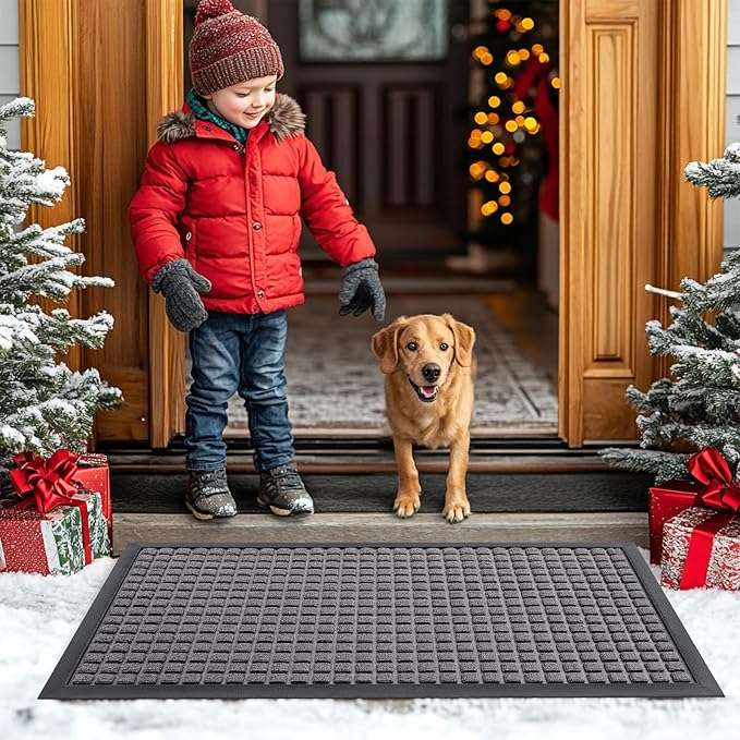 Smiry Front Door Mat Outside Entrance, Heavy Duty Natural Rubber Doormat, Non Slip, Trap Dirt and Moisture, Easy Clean, Low Profile Welcome Floor Mats for Indoor Outdoor Entry, 59x23 Inch, Mix Grey