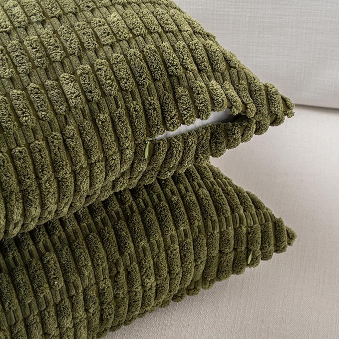Fancy Homi 4 Packs Boho Moss Green Decorative Throw Pillow Covers 26x26 Inch for Couch Bed Sofa, Rustic Modern Farmhouse Home Decor, Soft Plush Corduroy Cute Square Cushion Case 66x66 cm