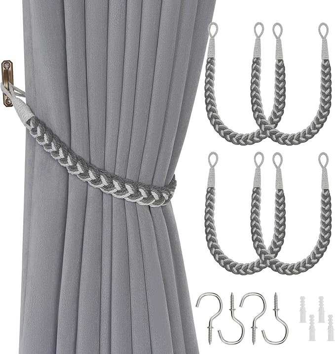 NICEEC 4 Pack Natural Cotton Rope Curtain Tiebacks Elegant Boho Style Decorative Drape Tie Backs Soft Hand-Woven Rope Curtain Holdbacks with Metal Hook for Home & Office Drapery (Gradient Grey)