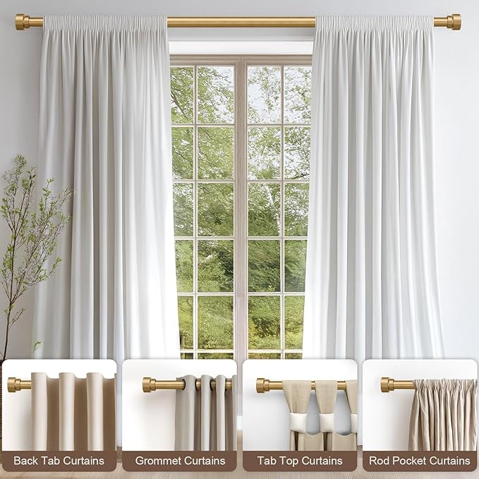 Lootkell 2 Pack Modern Gold Curtain Rods Set for Windows 28 to 48 Inches Adjustable Length Heavy Duty 1" Diameter Window Curtain Rod with Decorative Finials for Outdoor Bedroom Kitchen Living Room